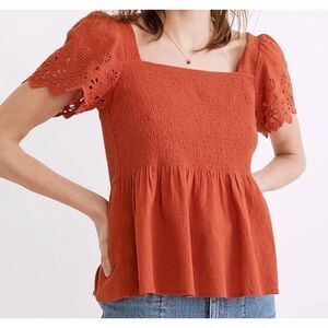 Madewell Eyelet-Sleeve Lucie Smocked Peplum Orange Top, size M